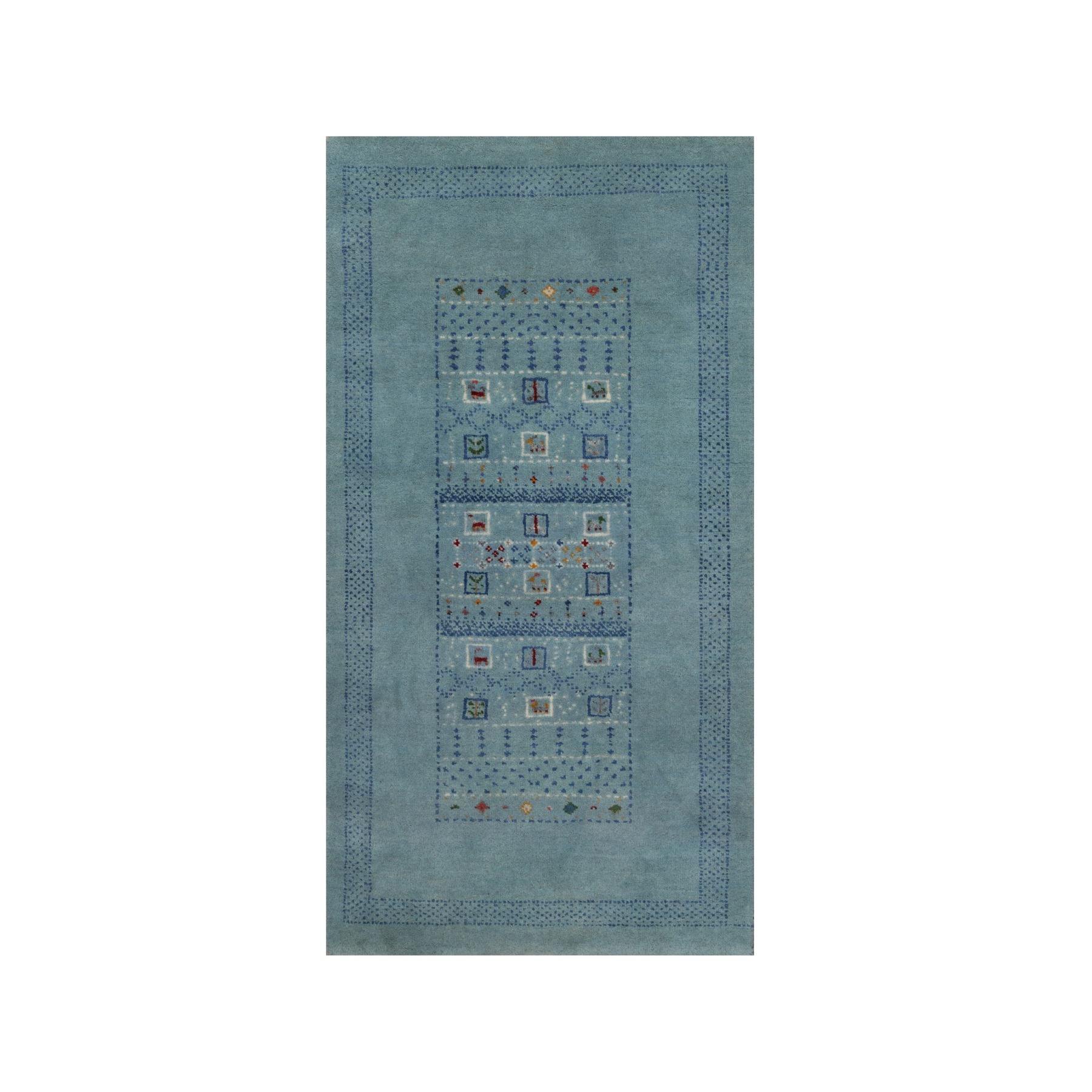 Sterling Blue, Modern, Lori Buft Gabbeh with Small Animal Figurines, Thick and Plush, Pure Wool, Hand Knotted, Mat, Oriental Rug
